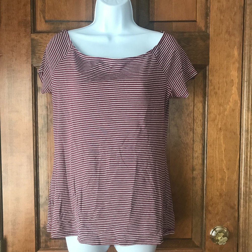 Old Navy Classic Maroon & White Striped Cap Sleeve Tee Large